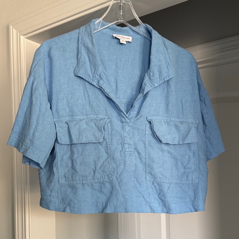 Light Blue Cropped Blouse Shirt Top with Pockets